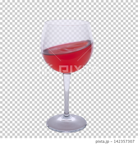 A clear glass wine goblet filled with red liquid A clear glass wine goblet filled with red liquid 142357307