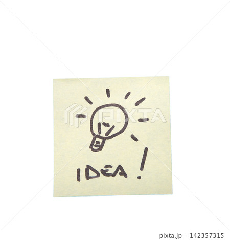 A yellow sticky note has "IDEA!" 142357315