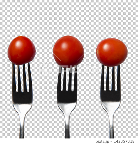 Three forks, each with a single cherry tomato impaled on its tines, Three forks, each with a single cherry tomato impaled on its tines, 142357319