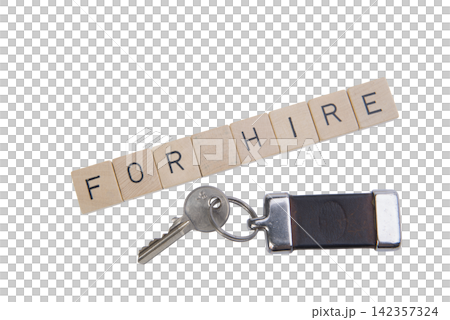 Wooden letter tiles spell "FOR HIRE" above a key and keychain. Wooden letter tiles spell "FOR HIRE" above a key and keychain. 142357324