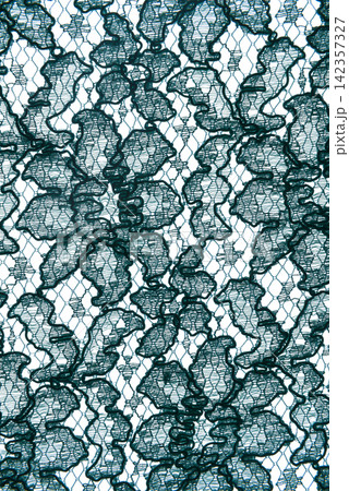 A close-up shot shows a textured, dark teal lace fabric with a floral pattern. A close-up shot shows a textured, dark teal lace fabric with a floral pattern. 142357327