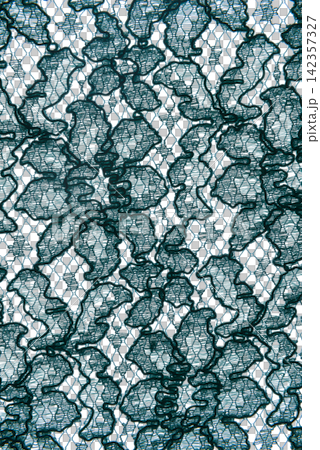 A close-up shot shows a textured, dark teal lace fabric with a floral pattern. A close-up shot shows a textured, dark teal lace fabric with a floral pattern. 142357327