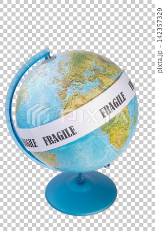 A globe is shown with a white band around its middle labeled with the word "FRAGILE" A globe is shown with a white band around its middle labeled with the word "FRAGILE" 142357329
