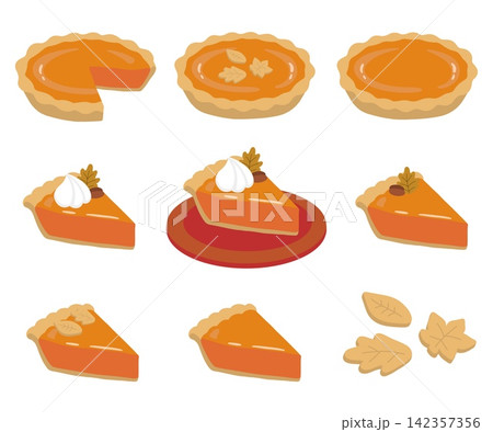 かわいいパンプキンパイと秋のスイーツイラストセット かわいいパンプキンパイと秋のスイーツイラストセット 142357356