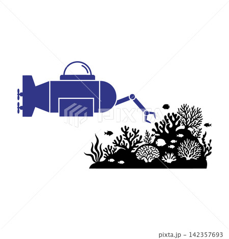 Blue submersible exploring coral reef with robotic arm underwater 142357693