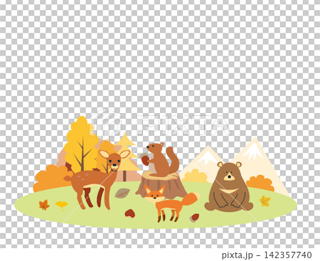 手繪風格的秋季動物和秋葉插圖 142357740