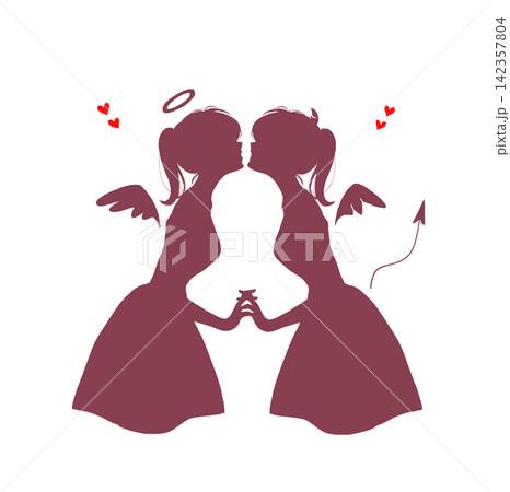 向かい合って手を繋ぐ天使と悪魔 ハート シルエット 向かい合って手を繋ぐ天使と悪魔 ハート シルエット 142357804