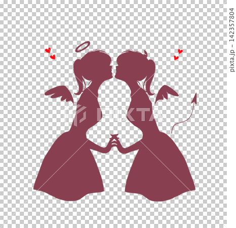 向かい合って手を繋ぐ天使と悪魔 ハート シルエット 向かい合って手を繋ぐ天使と悪魔 ハート シルエット 142357804