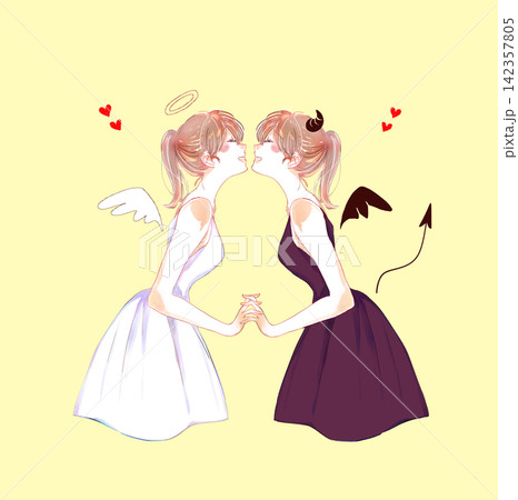 向かい合って手を繋ぐ天使と悪魔 ハート 向かい合って手を繋ぐ天使と悪魔 ハート 142357805