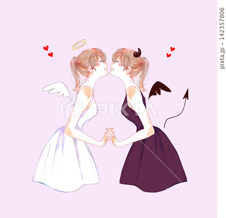 向かい合って手を繋ぐ天使と悪魔 ハート 向かい合って手を繋ぐ天使と悪魔 ハート 142357806