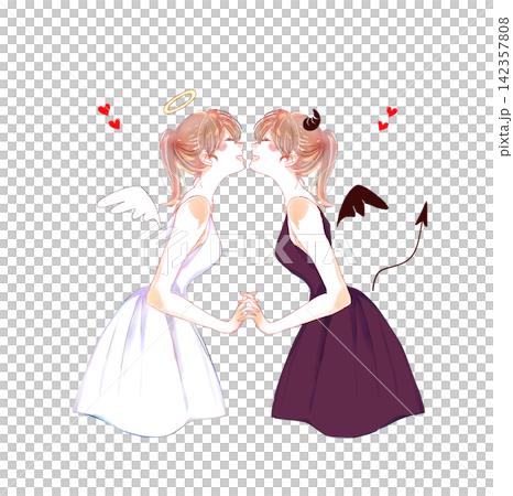 An angel and a devil facing each other and holding hands. 142357808