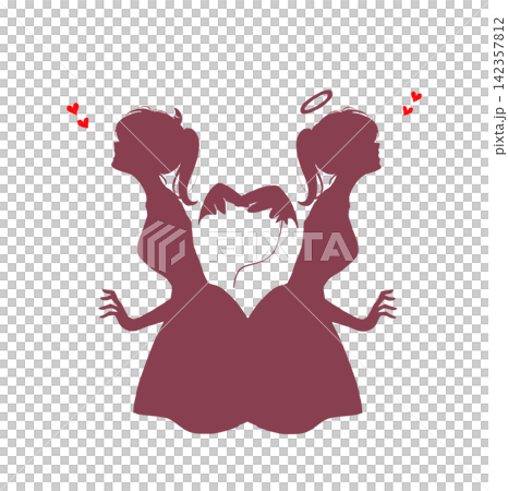 Angel and devil back to back, heart silhouette Angel and devil back to back, heart silhouette 142357812