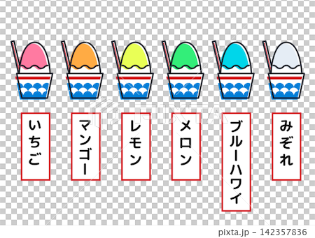 A set of minimalist vector illustrations of shaved ice with menu text. A set of minimalist vector illustrations of shaved ice with menu text. 142357836