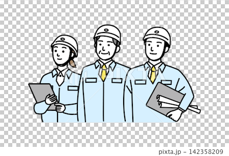 Male and female staff members standing side by side, facing forward. 142358209