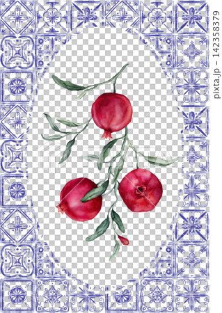 Hand painted watercolor illustration of red pomegranate fruits on a leafy green branch, beautifully framed by a decorative oval border made of blue and white traditional-style tiles. Hand painted watercolor illustration of red pomegranate fruits on a leafy green branch, beautifully framed by a decorative oval border made of blue and white traditional-style tiles. 142358379