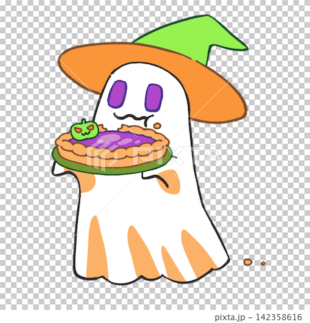 An illustration of a ghost eating Halloween candy An illustration of a ghost eating Halloween candy 142358616