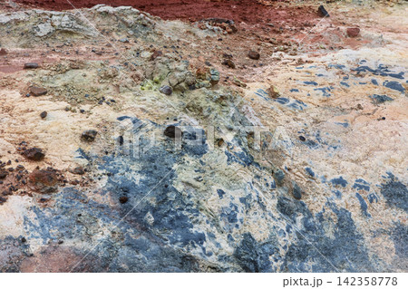 Seltun with blue, white, and red mineral deposits in close detail, Reykjanes Peninsula, Iceland Seltun with blue, white, and red mineral deposits in close detail, Reykjanes Peninsula, Iceland 142358778