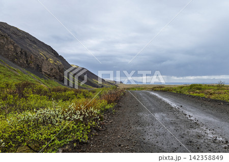 Volcanic road stretching toward distant mountains after rain, southern countryside, Iceland Volcanic road stretching toward distant mountains after rain, southern countryside, Iceland 142358849