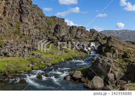 Oxara River crossing layered rock shelves below green slopes, Thingvellir, Iceland 142358880
