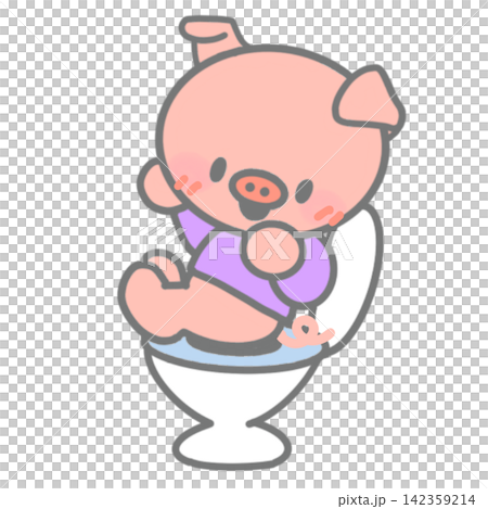 A cheerful baby piglet sits on the toilet by itself, smiling. Toilet training. A cheerful baby piglet sits on the toilet by itself, smiling. Toilet training. 142359214