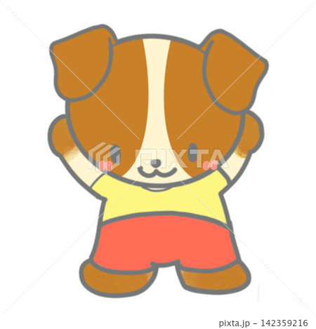 両手をあげて喜ぶ黄色の服を着た元気な犬の赤ちゃん 両手をあげて喜ぶ黄色の服を着た元気な犬の赤ちゃん 142359216