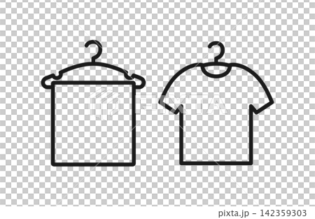 Set of 2 line art icons of a T-shirt and a towel in the laundry. Set of 2 line art icons of a T-shirt and a towel in the laundry. 142359303