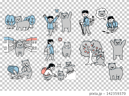 A set of illustrations showing bear sightings and precautions to take when encountering a bear. A set of illustrations showing bear sightings and precautions to take when encountering a bear. 142359370
