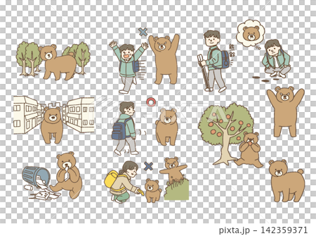 一組插圖,展示了熊的痕跡以及遇到熊時應採取的預防措施。 一組插圖,展示了熊的痕跡以及遇到熊時應採取的預防措施。 142359371