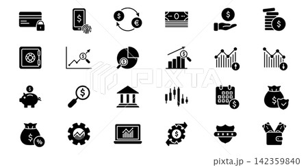 Financial And Economic Management Solid Icon Set. Banking, Investment, And Currency Exchange Silhouette Symbol Collection. Business Analytics And Security. Isolated Vector Illustration 142359840