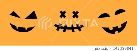 Jack-O-Lantern Faces Solid Icon Set. Halloween Pumpkin Expressions, Spooky And Fun Silhouette Symbol Collection. Festive Decoration And Celebration. Isolated Vector Illustration 142359841