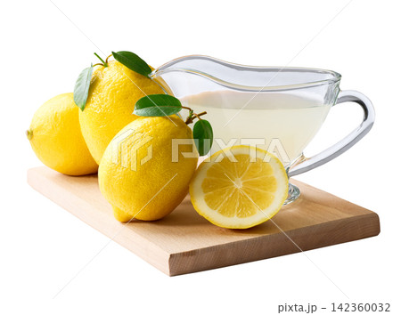 Fresh lemons fruit and of lemon juice isolated on white background. freshly squeezed lemon juice. 142360032