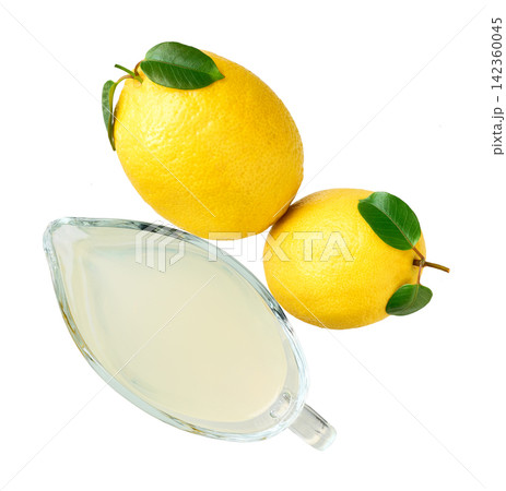 Ripe lemons fruit and lemon juice isolated on white background, top view. freshly squeezed lemon juice, top view. 142360045