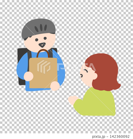 宅配・出前の商品を渡す配達員と顧客の手書きイラスト 宅配・出前の商品を渡す配達員と顧客の手書きイラスト 142360092