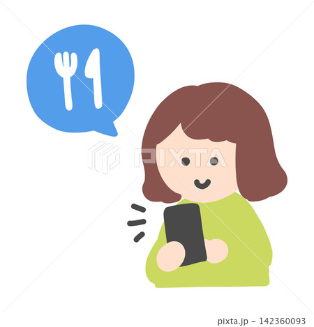 スマートフォンで食べ物の宅配を注文する女性のかわいい手書きイラスト スマートフォンで食べ物の宅配を注文する女性のかわいい手書きイラスト 142360093