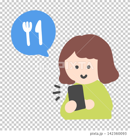 スマートフォンで食べ物の宅配を注文する女性のかわいい手書きイラスト スマートフォンで食べ物の宅配を注文する女性のかわいい手書きイラスト 142360093