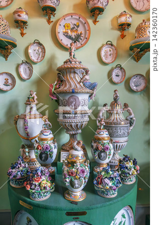 Set of royal porcelain tableware in Rosenborg Castle, Copenhagen, Denmark 142360170