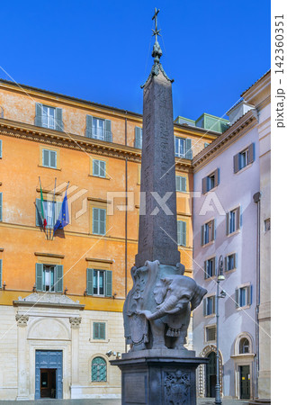 Elephant and Obelisk by Bernini on Piazza della Minerva in Rome, Italy. Baroque sculpture, marble monument, sunny day 142360351