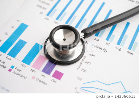 Stethoscope on chart or graph paper, Financial, account, statistics and business data medical health. Stethoscope on chart or graph paper, Financial, account, statistics and business data medical health. 142360613