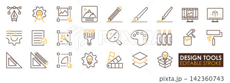 Vector icons of design tools set including pen tool, color swatch, and layout elements conveying creativity and precision Vector icons of design tools set including pen tool, color swatch, and layout elements conveying creativity and precision 142360743