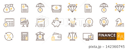 Financial icon set illustrating money, investment, savings, growth and banking concepts with clean line art conveying professional optimism Financial icon set illustrating money, investment, savings, growth and banking concepts with clean line art conveying professional optimism 142360745
