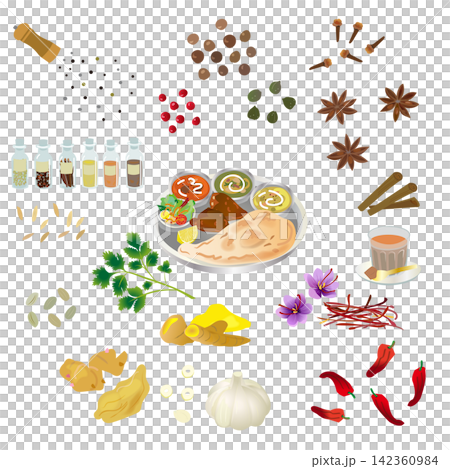 亞洲咖哩食物和印度香料的插圖 亞洲咖哩食物和印度香料的插圖 142360984