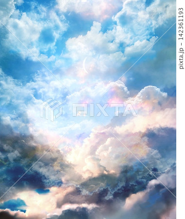 天国へ続く雲と降り注ぐ太陽光のスピリチュアルな背景画 142361193