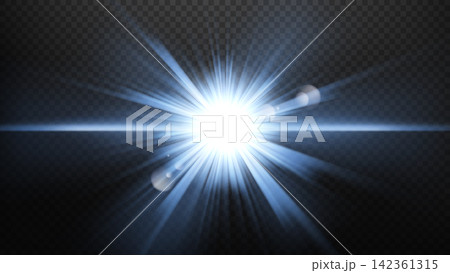 Blue Bright Lens Flare Effect on Dark Background, Vector Illustration 142361315