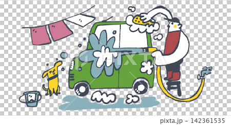 A person washes their car using a hose and sponge, while their dog watches over them. A person washes their car using a hose and sponge, while their dog watches over them. 142361535