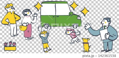 A scene of a family happily looking at a new car with a sales representative at a new car dealership. A scene of a family happily looking at a new car with a sales representative at a new car dealership. 142361538