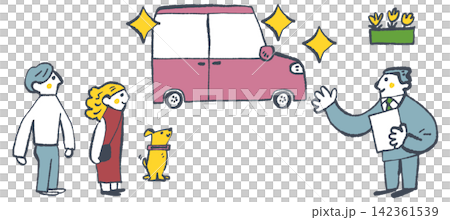 一對夫婦帶著他們的狗在一家新車經銷店裡和銷售代表一起看車。 一對夫婦帶著他們的狗在一家新車經銷店裡和銷售代表一起看車。 142361539