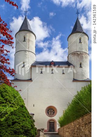 Basilica of Steinfeld Abbey facade in Steinfeld Germany. Front view of historic romanesque monastic architecture 142361589
