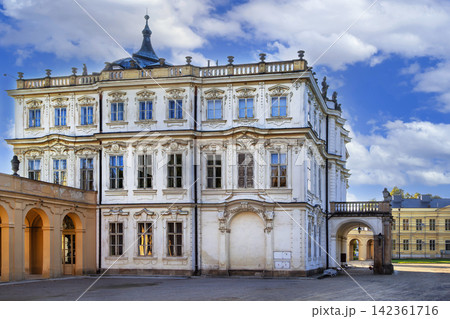 Ploskovice Castle, Czech Republic. Side view of historic Baroque palace building under clear sky in bright daylight 142361716