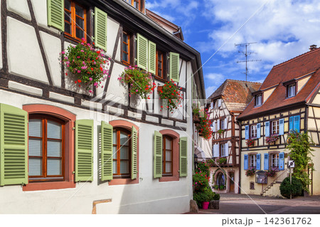 Picturesque historic street in Eguisheim Alsace France. Traditional half timbered architecture and facade under cloudy sky 142361762