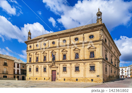 Facade of Vazquez de Molina Palace in Ubeda, Spain. Renaissance architecture under partly cloudy sky at daytime 142361802